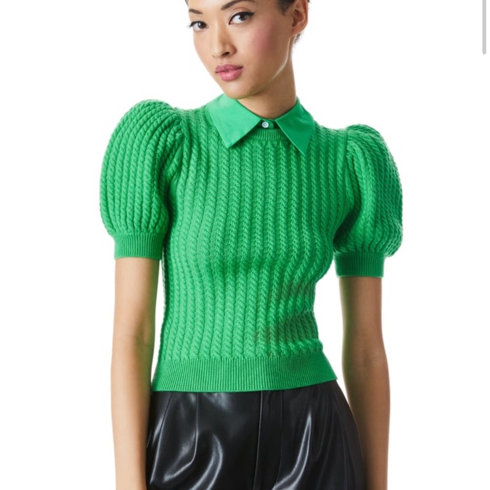 NWT Alice + Olivia Removable Collar Green Cable Knit Puff Sleeve Sweater XS